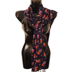 Frenchi Black Multicolored Floral Fringe Large Scarf Head Wrap Shawl